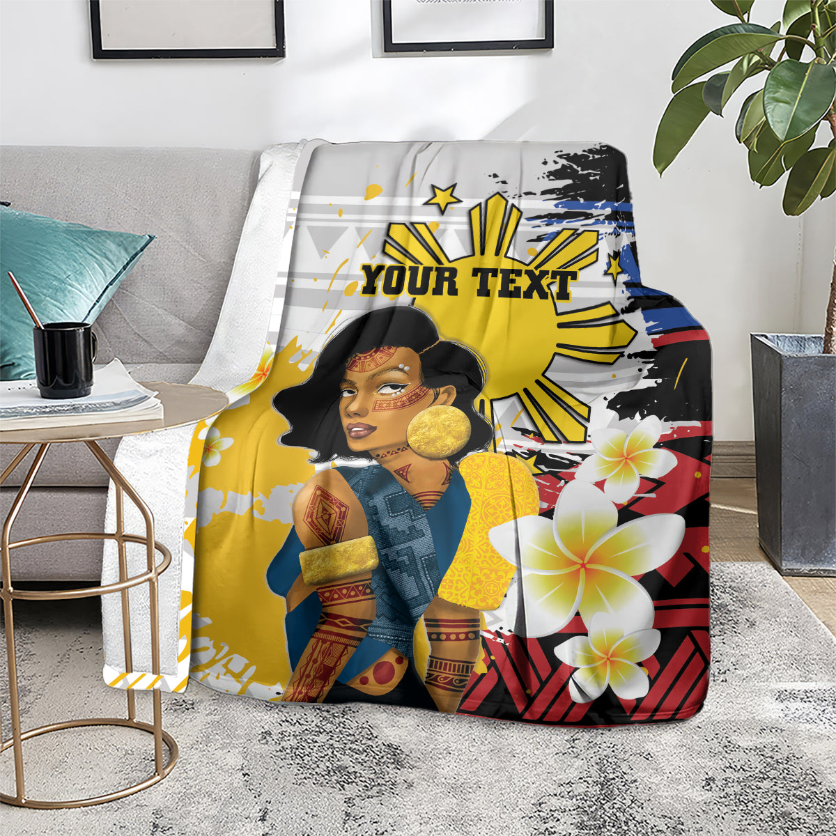 Personalised Philippines Women's Day Blanket Filipino Golden Sun With Polynesian Pattern
