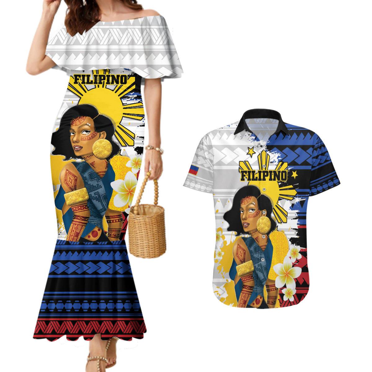 Personalised Philippines Women's Day Couples Matching Mermaid Dress and Hawaiian Shirt Filipino Golden Sun With Polynesian Pattern LT14 Red - Polynesian Pride