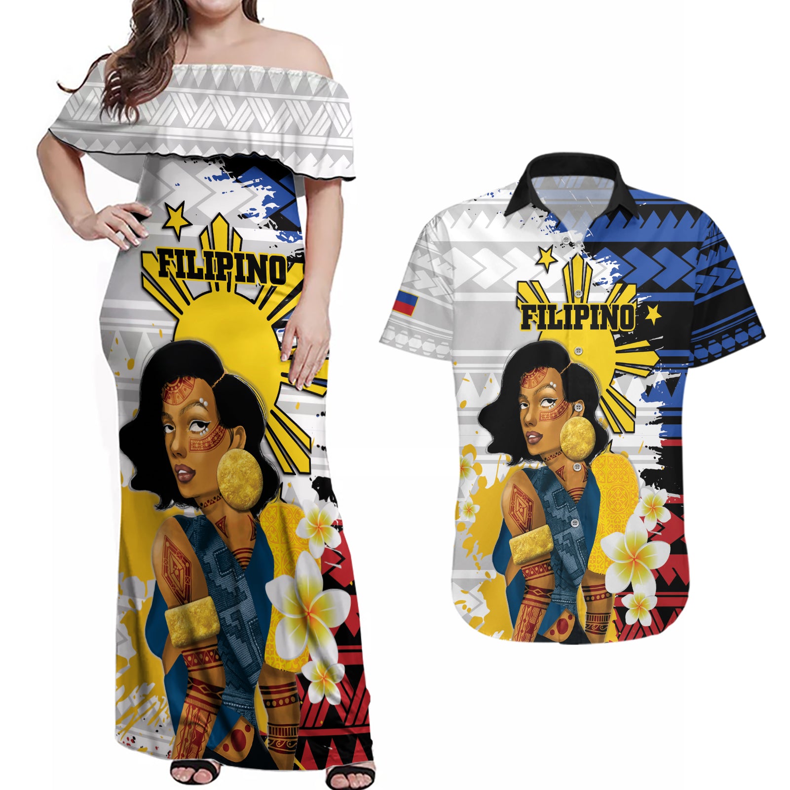 Personalised Philippines Women's Day Couples Matching Off Shoulder Maxi Dress and Hawaiian Shirt Filipino Golden Sun With Polynesian Pattern LT14 Red - Polynesian Pride