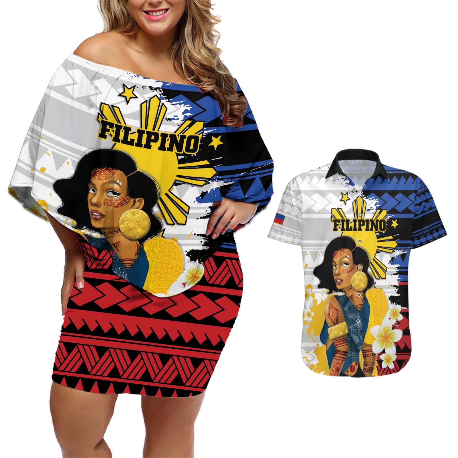 Personalised Philippines Women's Day Couples Matching Off Shoulder Short Dress and Hawaiian Shirt Filipino Golden Sun With Polynesian Pattern LT14 Red - Polynesian Pride