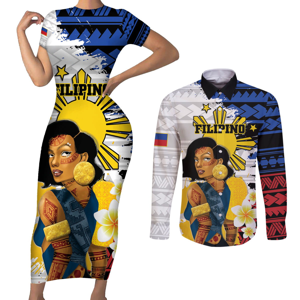 Personalised Philippines Women's Day Couples Matching Short Sleeve Bodycon Dress and Long Sleeve Button Shirt Filipino Golden Sun With Polynesian Pattern LT14 Red - Polynesian Pride