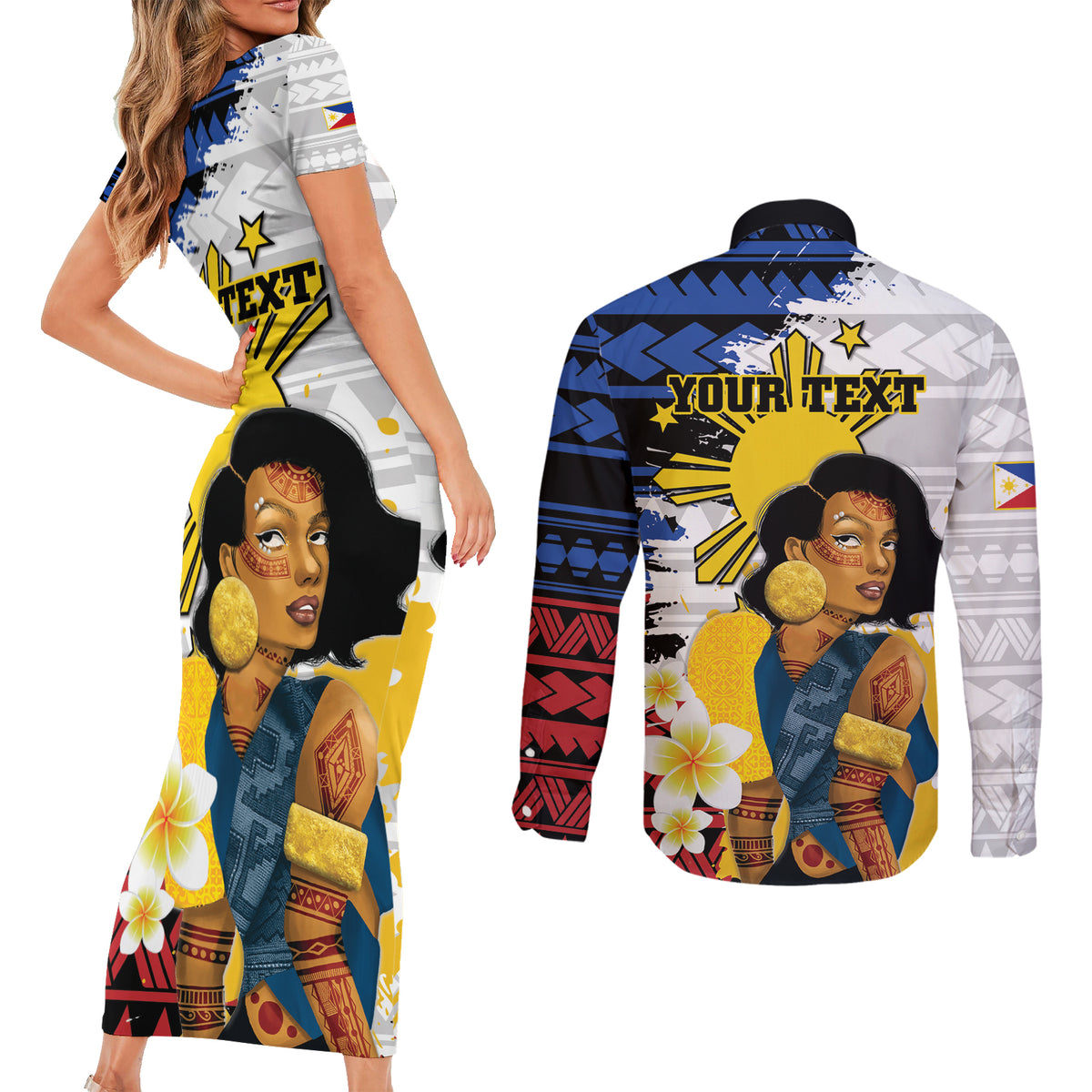 Personalised Philippines Women's Day Couples Matching Short Sleeve Bodycon Dress and Long Sleeve Button Shirt Filipino Golden Sun With Polynesian Pattern LT14 - Polynesian Pride