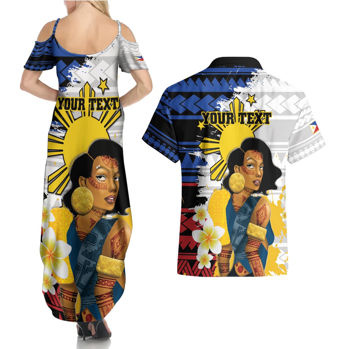 Personalised Philippines Women's Day Couples Matching Summer Maxi Dress and Hawaiian Shirt Filipino Golden Sun With Polynesian Pattern LT14 - Polynesian Pride