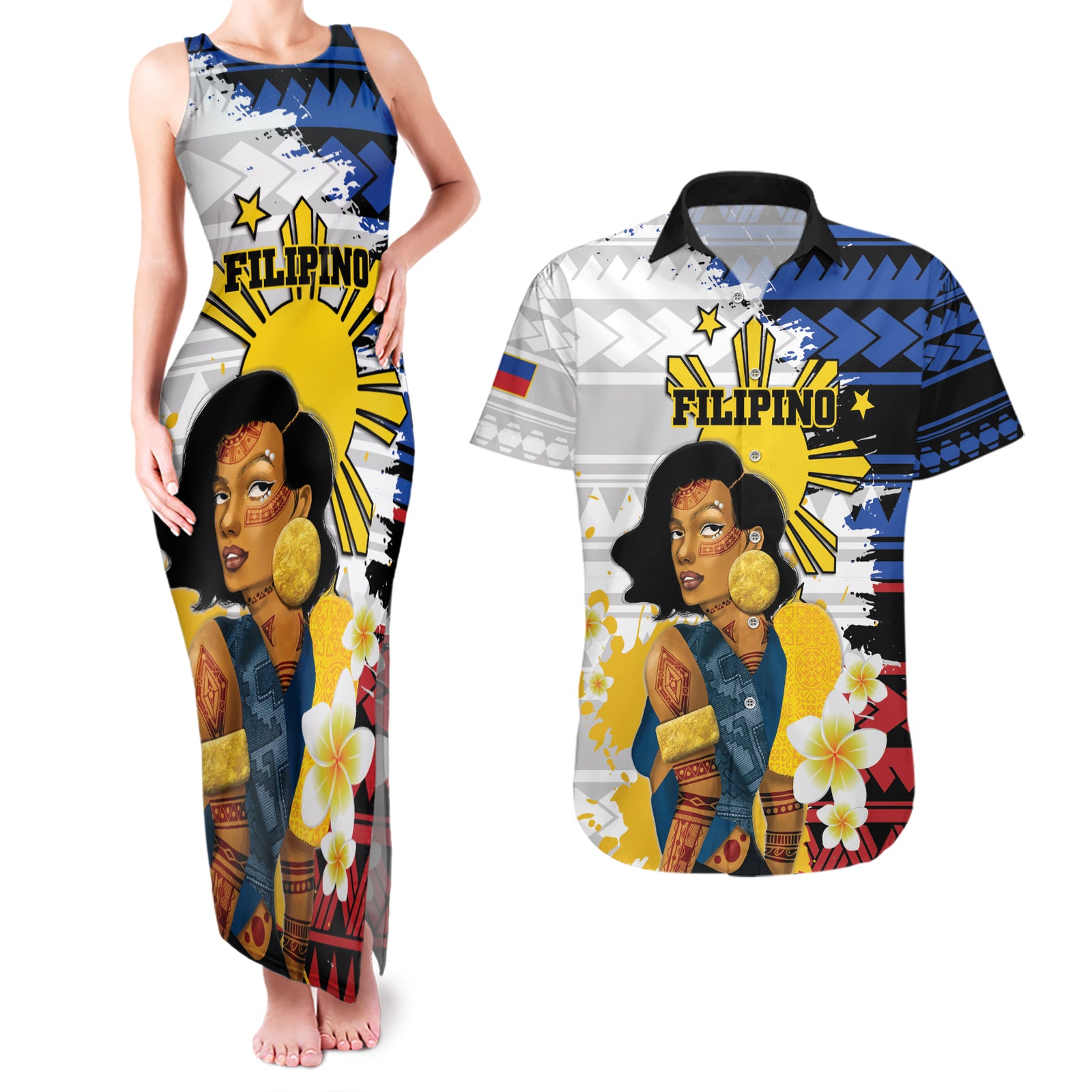 Personalised Philippines Women's Day Couples Matching Tank Maxi Dress and Hawaiian Shirt Filipino Golden Sun With Polynesian Pattern LT14 Red - Polynesian Pride