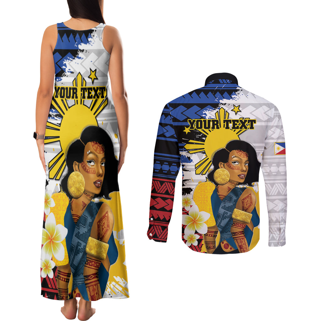 Personalised Philippines Women's Day Couples Matching Tank Maxi Dress and Long Sleeve Button Shirt Filipino Golden Sun With Polynesian Pattern LT14 - Polynesian Pride