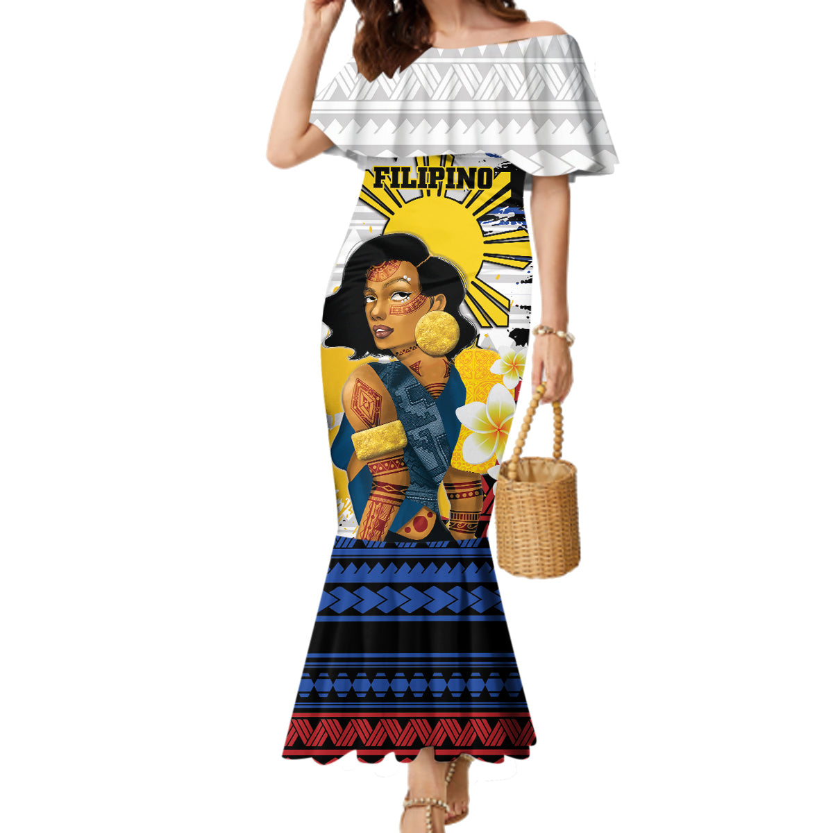 Personalised Philippines Women's Day Family Matching Mermaid Dress and Hawaiian Shirt Filipino Golden Sun With Polynesian Pattern LT14 Mom's Dress Red - Polynesian Pride