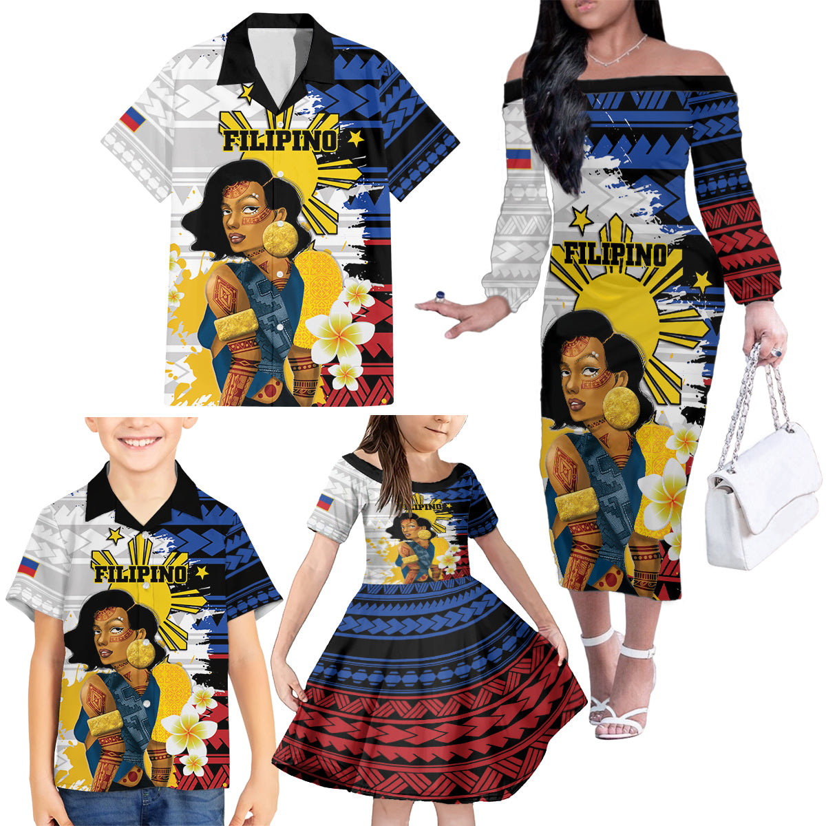 Personalised Philippines Women's Day Family Matching Off Shoulder Long Sleeve Dress and Hawaiian Shirt Filipino Golden Sun With Polynesian Pattern LT14 - Polynesian Pride