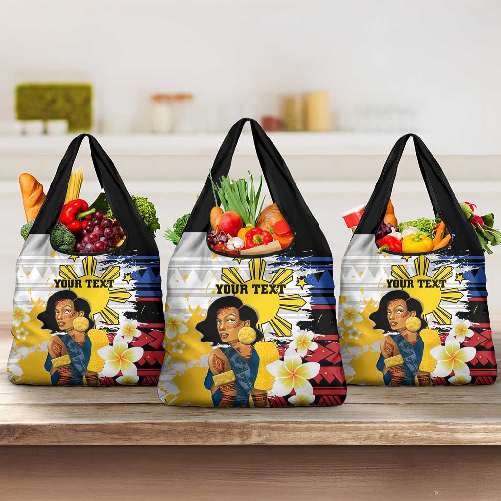 Personalised Philippines Women's Day Grocery Bag Filipino Golden Sun With Polynesian Pattern