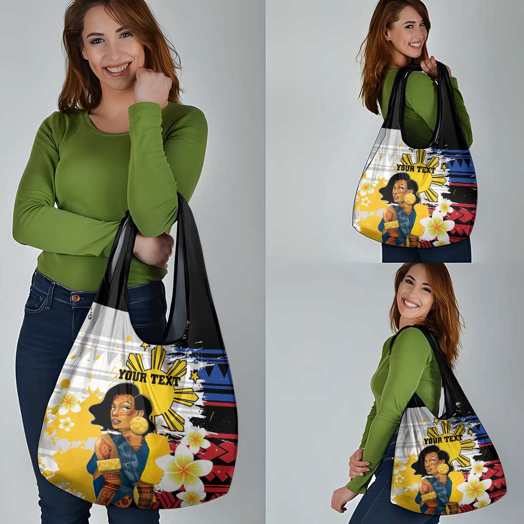 Personalised Philippines Women's Day Grocery Bag Filipino Golden Sun With Polynesian Pattern