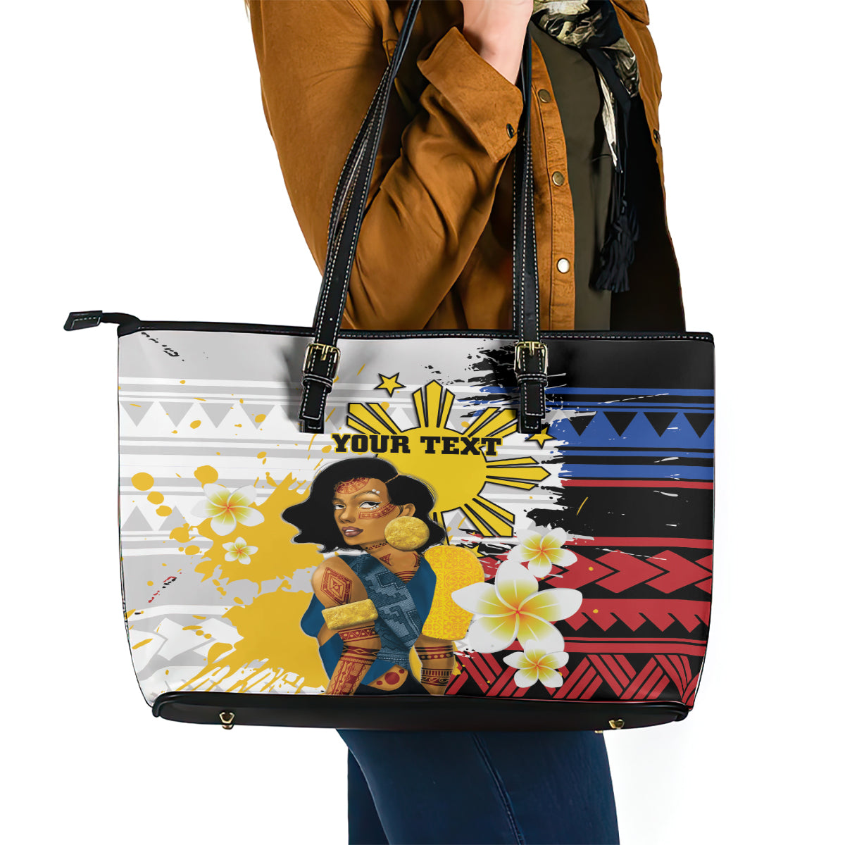 Personalised Philippines Women's Day Leather Tote Bag Filipino Golden Sun With Polynesian Pattern
