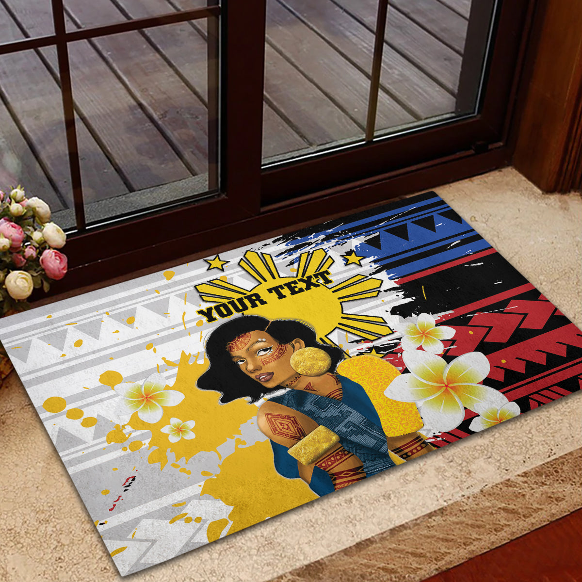 Personalised Philippines Women's Day Rubber Doormat Filipino Golden Sun With Polynesian Pattern