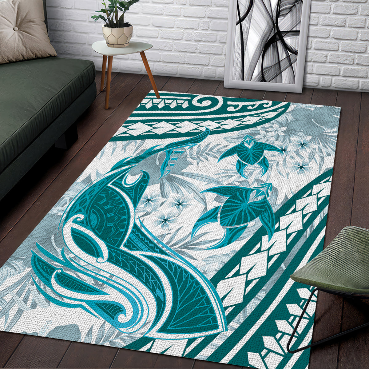 Cyan Polynesia Area Rug Polynesian Turtle Shark Tattoo Tropical Vintage