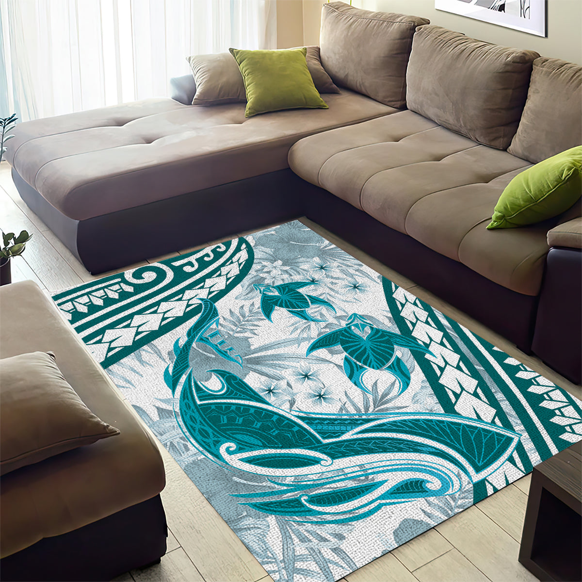 Cyan Polynesia Area Rug Polynesian Turtle Shark Tattoo Tropical Vintage