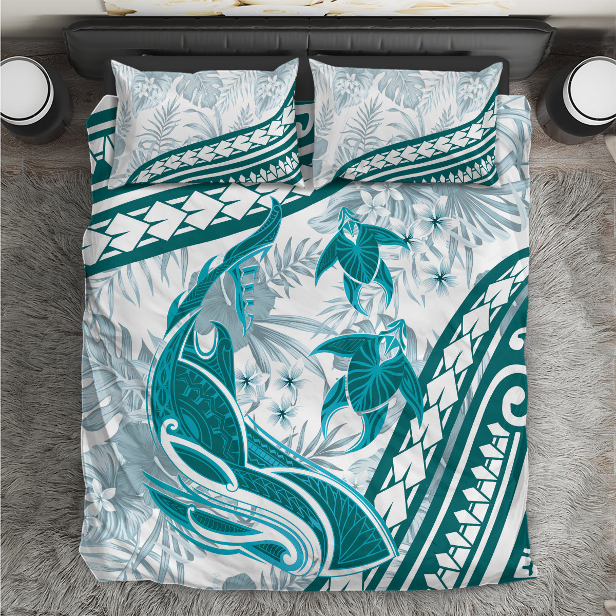 Cyan Polynesia Bedding Set Polynesian Turtle Shark Tattoo Tropical Vintage LT14 Cyan - Polynesian Pride