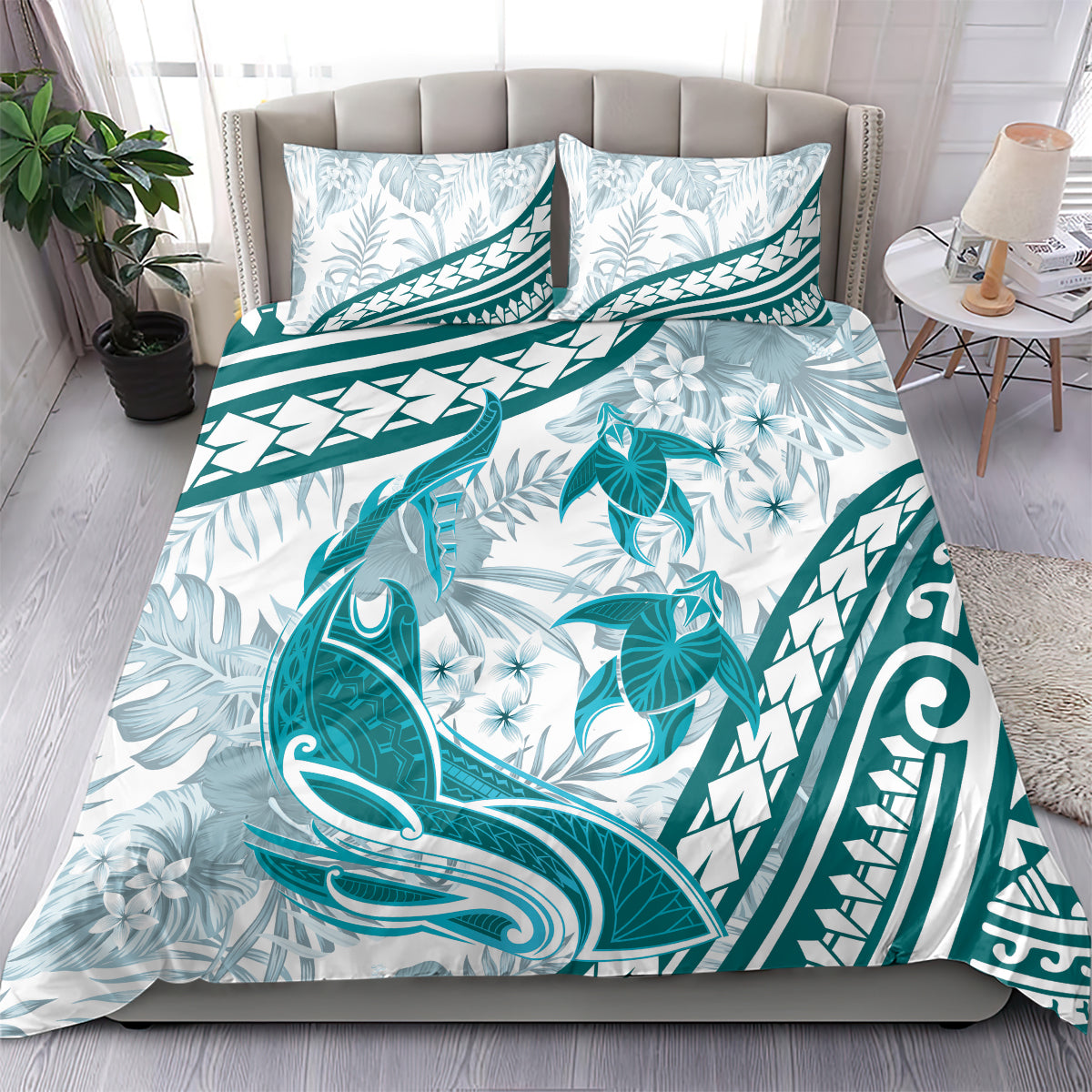 Cyan Polynesia Bedding Set Polynesian Turtle Shark Tattoo Tropical Vintage LT14 - Polynesian Pride