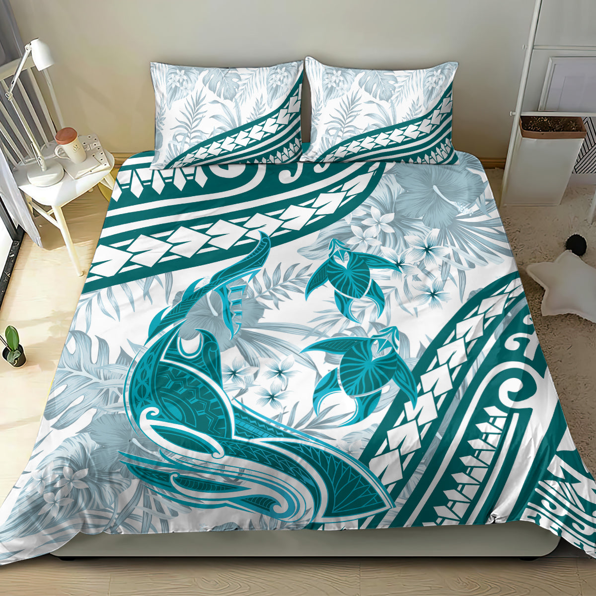 Cyan Polynesia Bedding Set Polynesian Turtle Shark Tattoo Tropical Vintage LT14 - Polynesian Pride