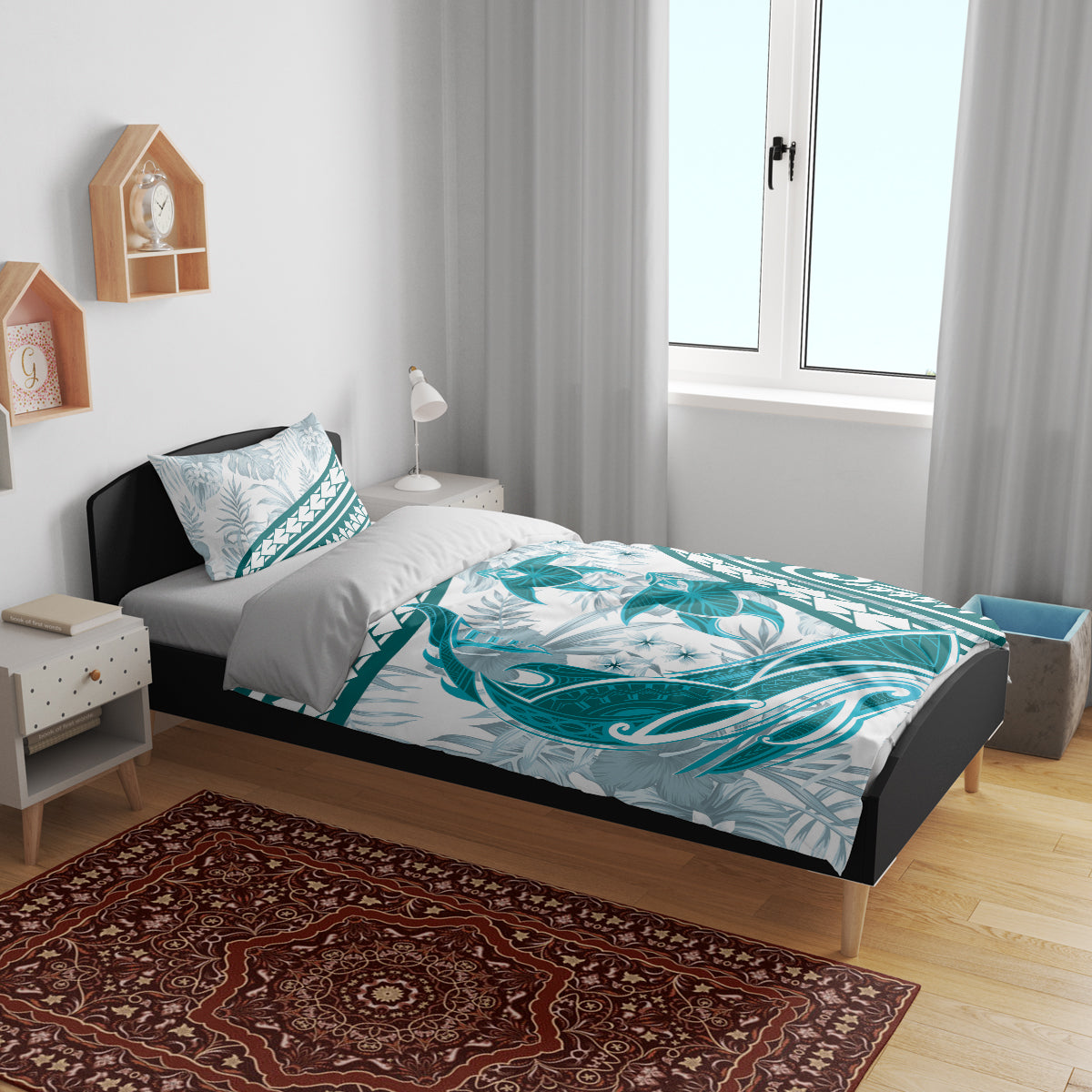 Cyan Polynesia Bedding Set Polynesian Turtle Shark Tattoo Tropical Vintage LT14 - Polynesian Pride