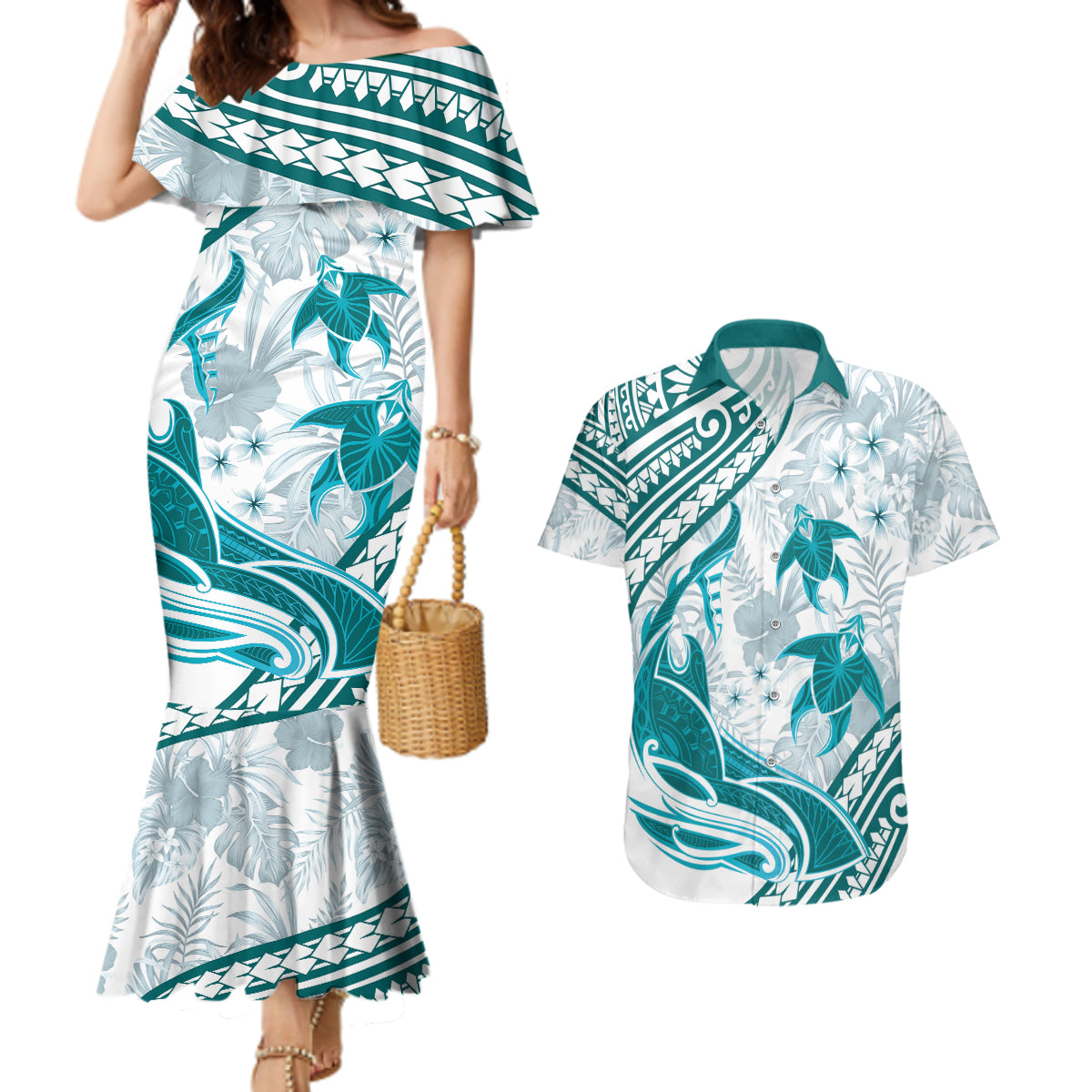 Cyan Polynesia Couples Matching Mermaid Dress and Hawaiian Shirt Polynesian Turtle Shark Tattoo Tropical Vintage LT14 Cyan - Polynesian Pride