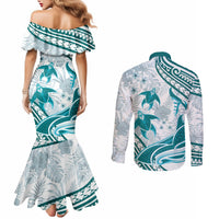 Cyan Polynesia Couples Matching Mermaid Dress and Long Sleeve Button Shirt Polynesian Turtle Shark Tattoo Tropical Vintage LT14 - Polynesian Pride