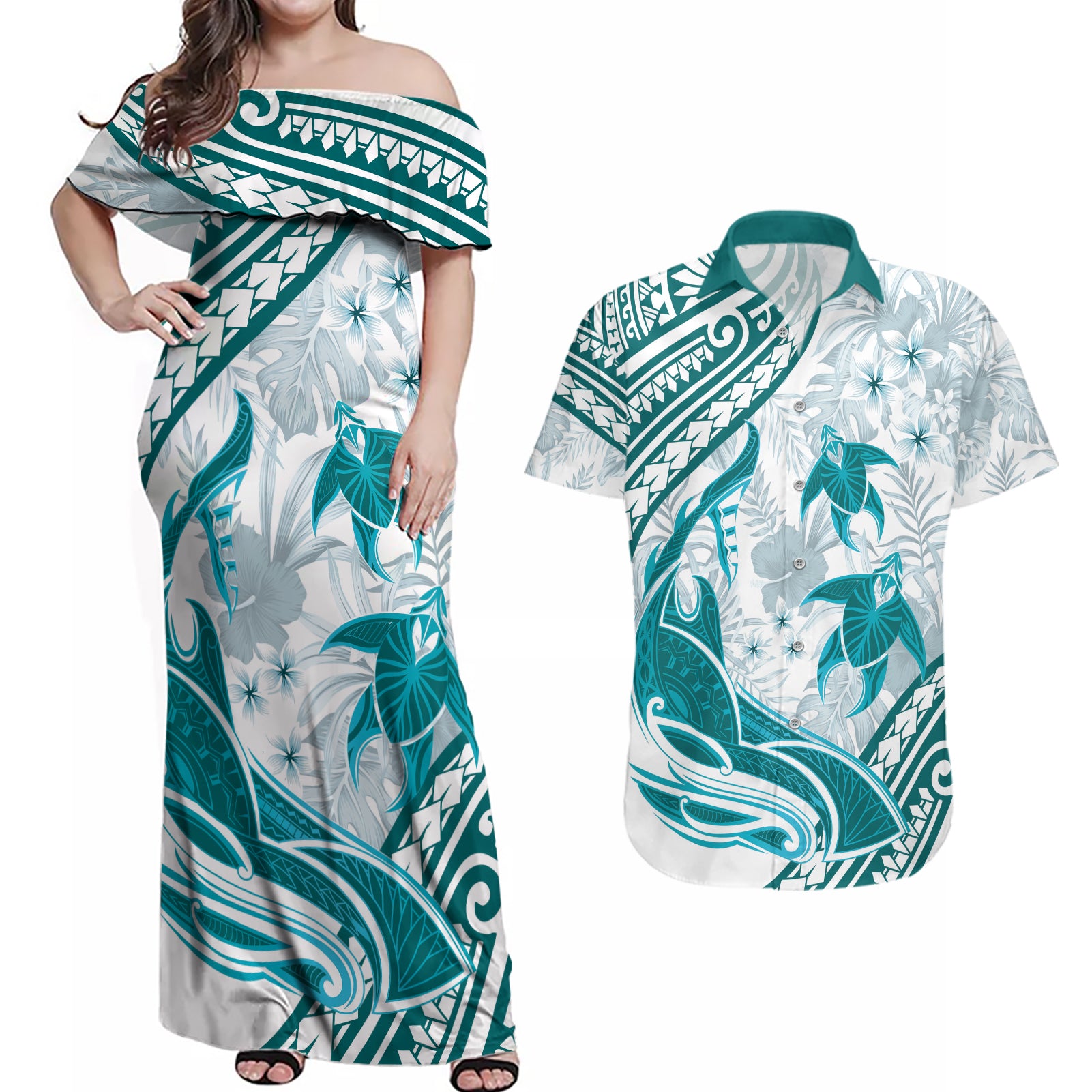 Cyan Polynesia Couples Matching Off Shoulder Maxi Dress and Hawaiian Shirt Polynesian Turtle Shark Tattoo Tropical Vintage LT14 Cyan - Polynesian Pride