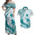 Cyan Polynesia Couples Matching Off Shoulder Maxi Dress and Hawaiian Shirt Polynesian Turtle Shark Tattoo Tropical Vintage LT14 Cyan - Polynesian Pride