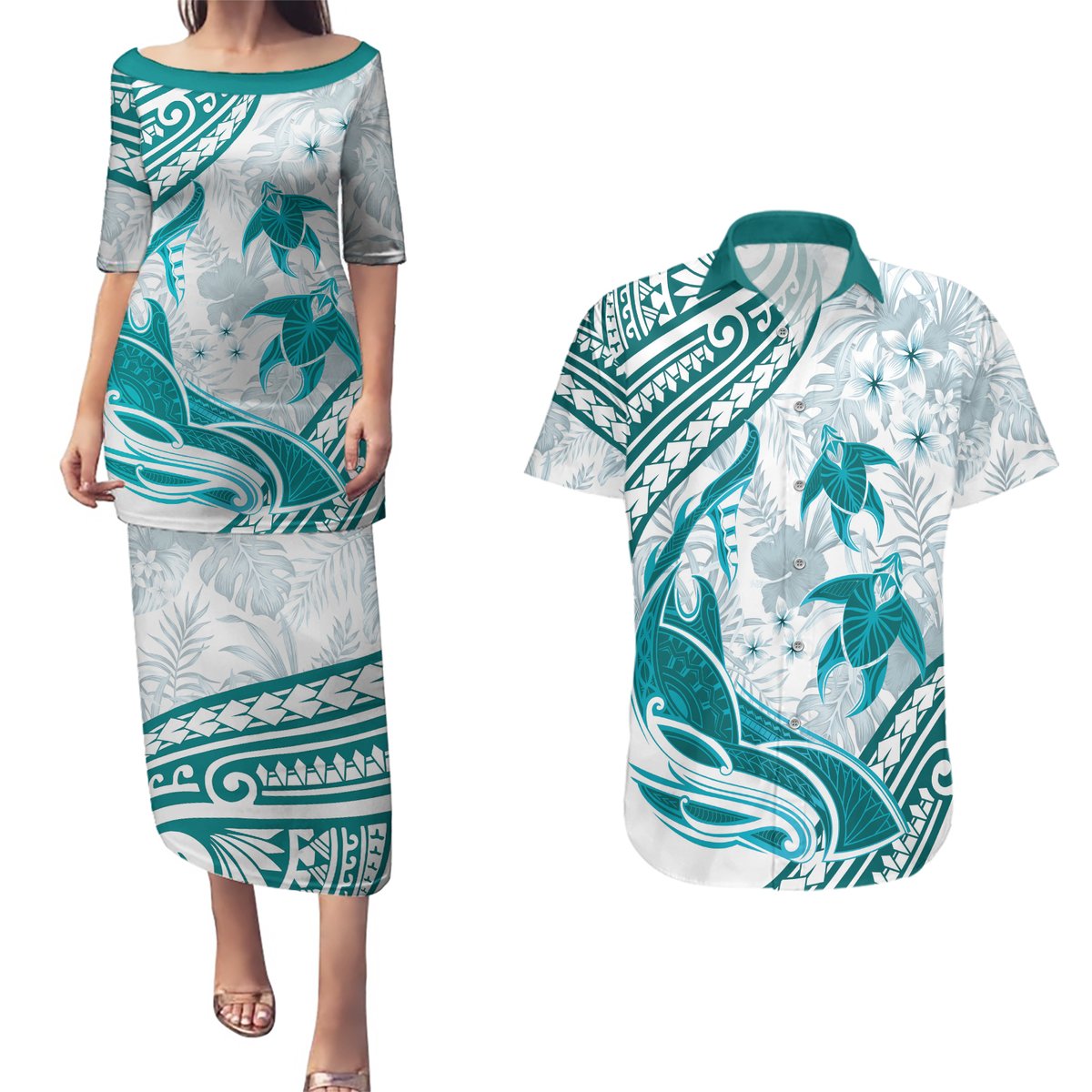Cyan Polynesia Couples Matching Puletasi and Hawaiian Shirt Polynesian Turtle Shark Tattoo Tropical Vintage LT14 Cyan - Polynesian Pride