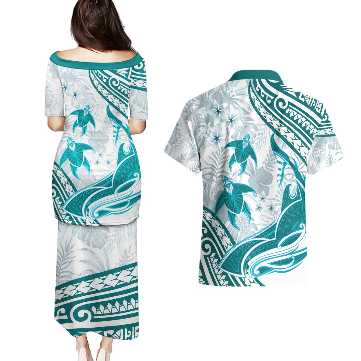 Cyan Polynesia Couples Matching Puletasi and Hawaiian Shirt Polynesian Turtle Shark Tattoo Tropical Vintage LT14 - Polynesian Pride