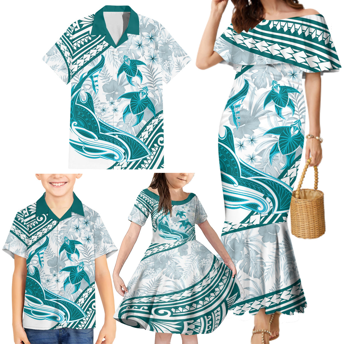 Cyan Polynesia Family Matching Mermaid Dress and Hawaiian Shirt Polynesian Turtle Shark Tattoo Tropical Vintage LT14 - Polynesian Pride