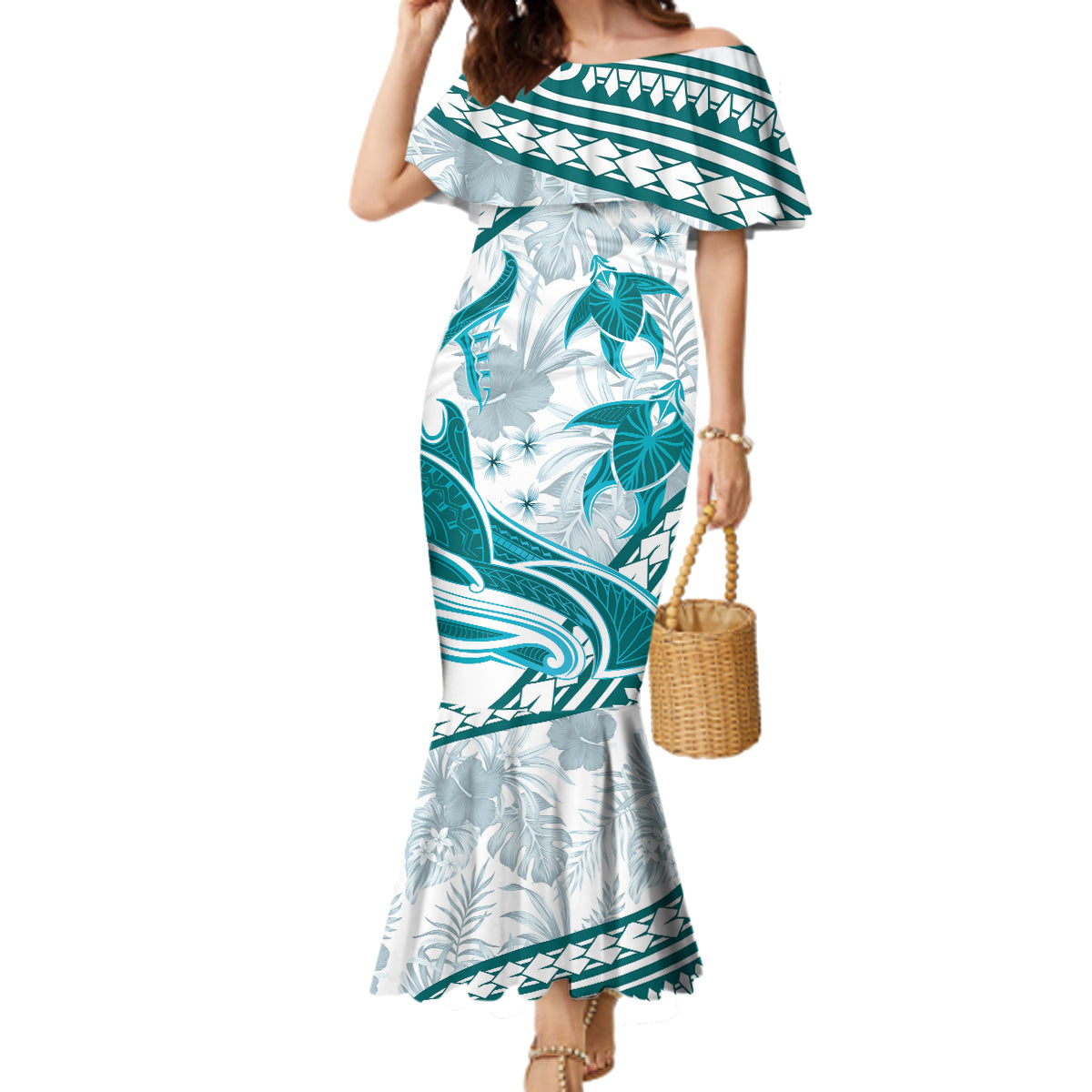 Cyan Polynesia Family Matching Mermaid Dress and Hawaiian Shirt Polynesian Turtle Shark Tattoo Tropical Vintage LT14 Mom's Dress Cyan - Polynesian Pride