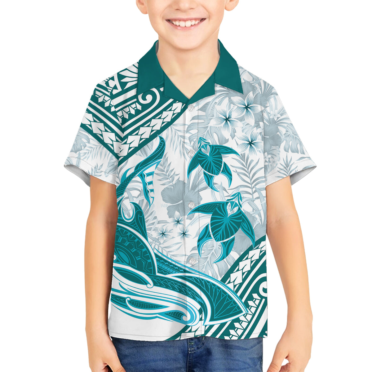Cyan Polynesia Family Matching Off Shoulder Long Sleeve Dress and Hawaiian Shirt Polynesian Turtle Shark Tattoo Tropical Vintage LT14 Son's Shirt Cyan - Polynesian Pride
