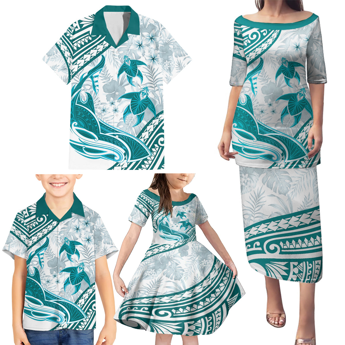 Cyan Polynesia Family Matching Puletasi and Hawaiian Shirt Polynesian Turtle Shark Tattoo Tropical Vintage LT14 - Polynesian Pride