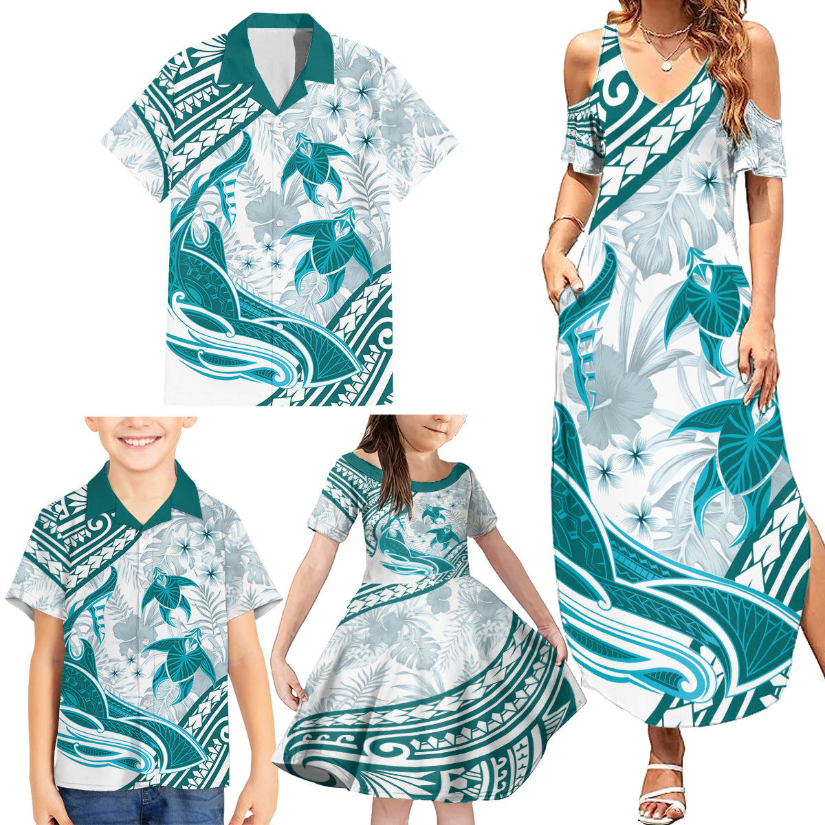 Cyan Polynesia Family Matching Summer Maxi Dress and Hawaiian Shirt Polynesian Turtle Shark Tattoo Tropical Vintage LT14 - Polynesian Pride