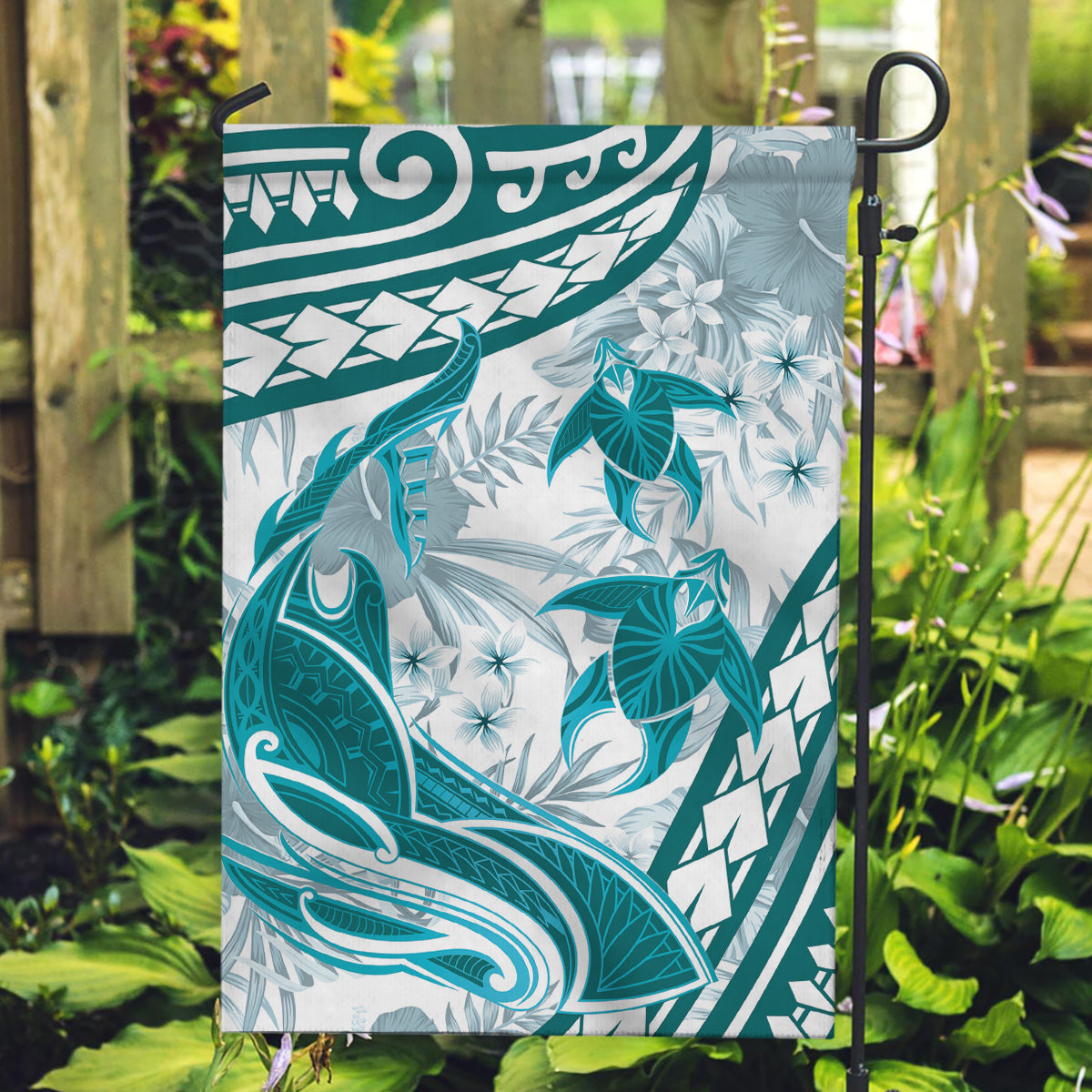 Cyan Polynesia Garden Flag Polynesian Turtle Shark Tattoo Tropical Vintage LT14 Garden Flag Cyan - Polynesian Pride