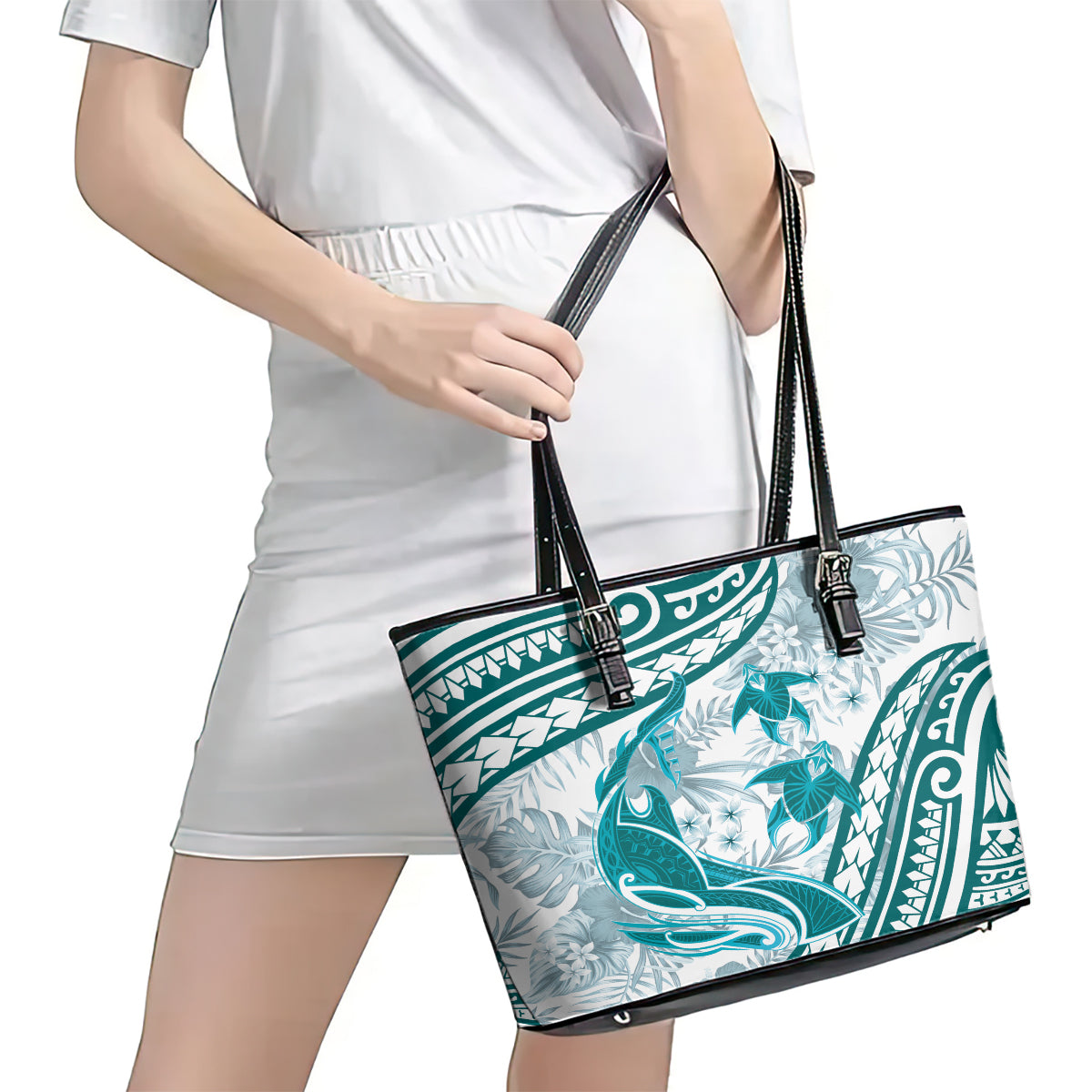 Cyan Polynesia Leather Tote Bag Polynesian Turtle Shark Tattoo Tropical Vintage LT14 - Polynesian Pride