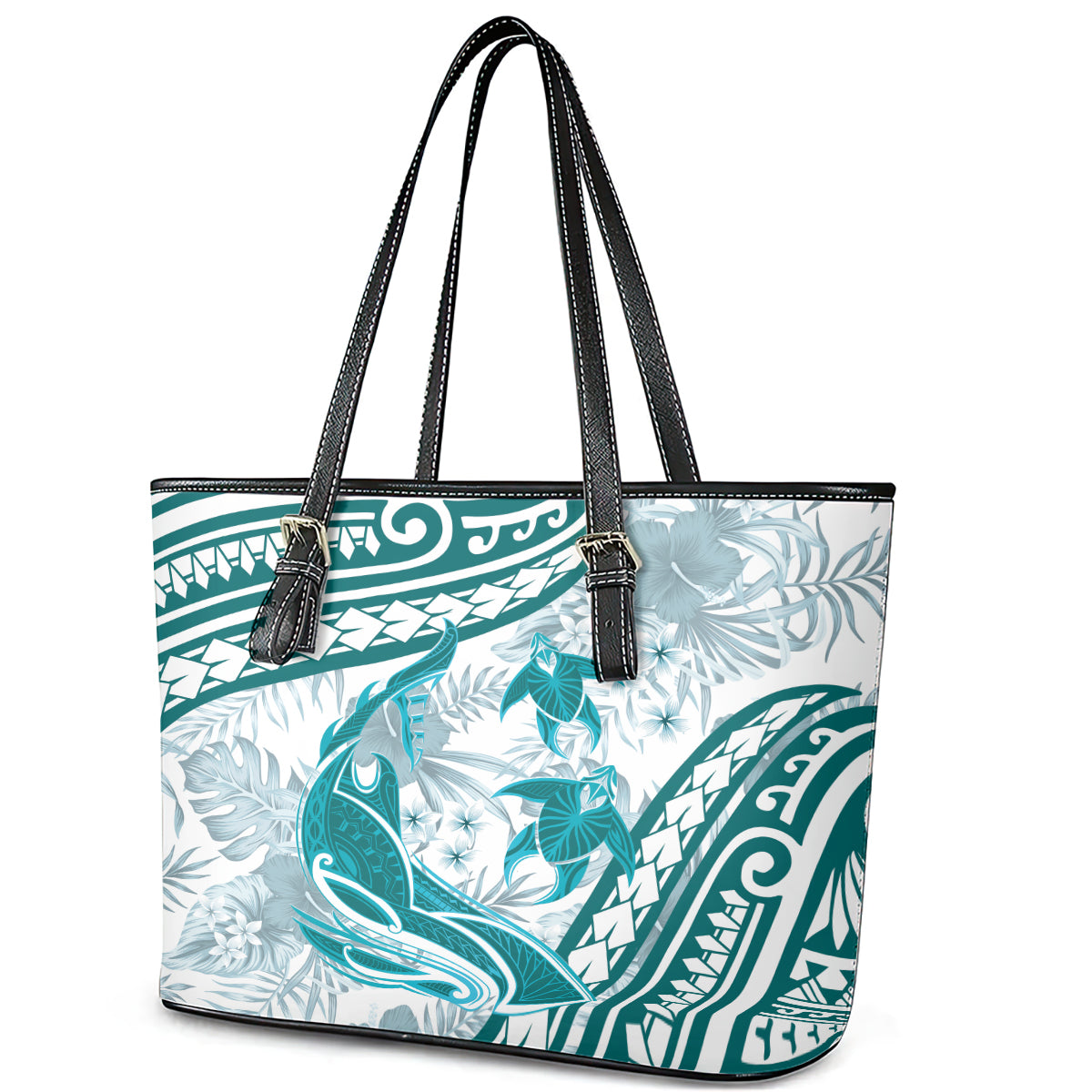 Cyan Polynesia Leather Tote Bag Polynesian Turtle Shark Tattoo Tropical Vintage LT14 - Polynesian Pride