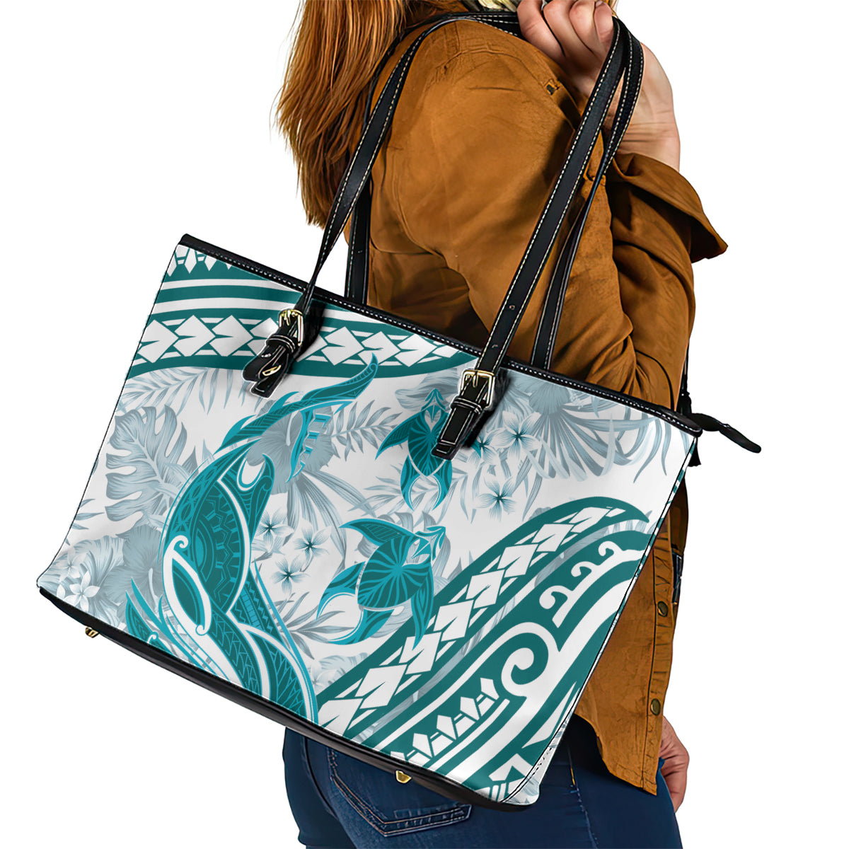 Cyan Polynesia Leather Tote Bag Polynesian Turtle Shark Tattoo Tropical Vintage LT14 - Polynesian Pride