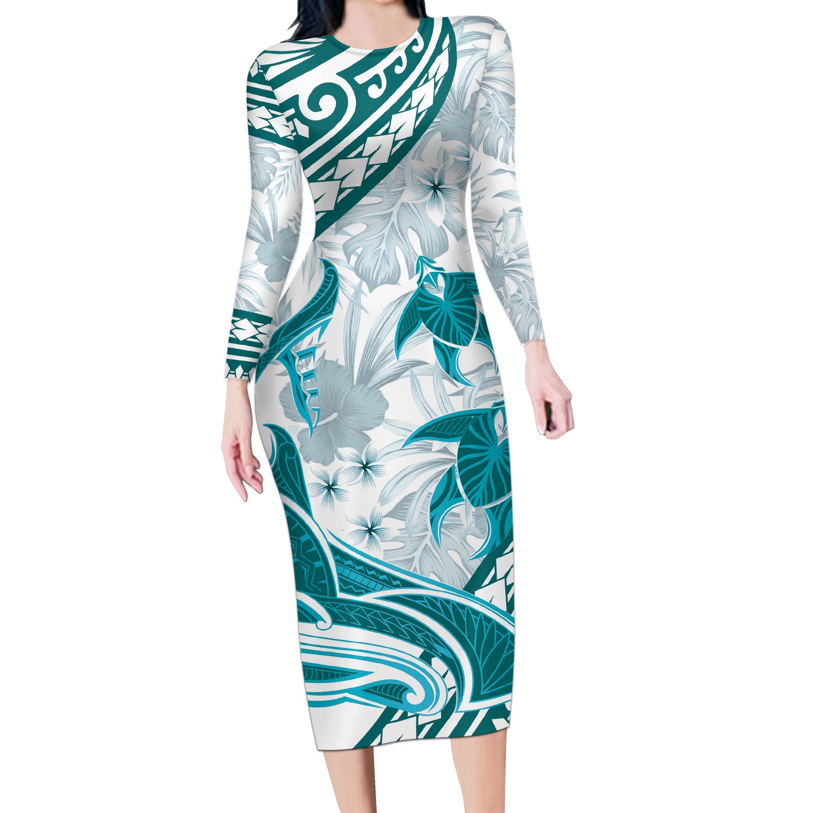 Cyan Polynesia Long Sleeve Bodycon Dress Polynesian Turtle Shark Tattoo Tropical Vintage LT14 Long Dress Cyan - Polynesian Pride