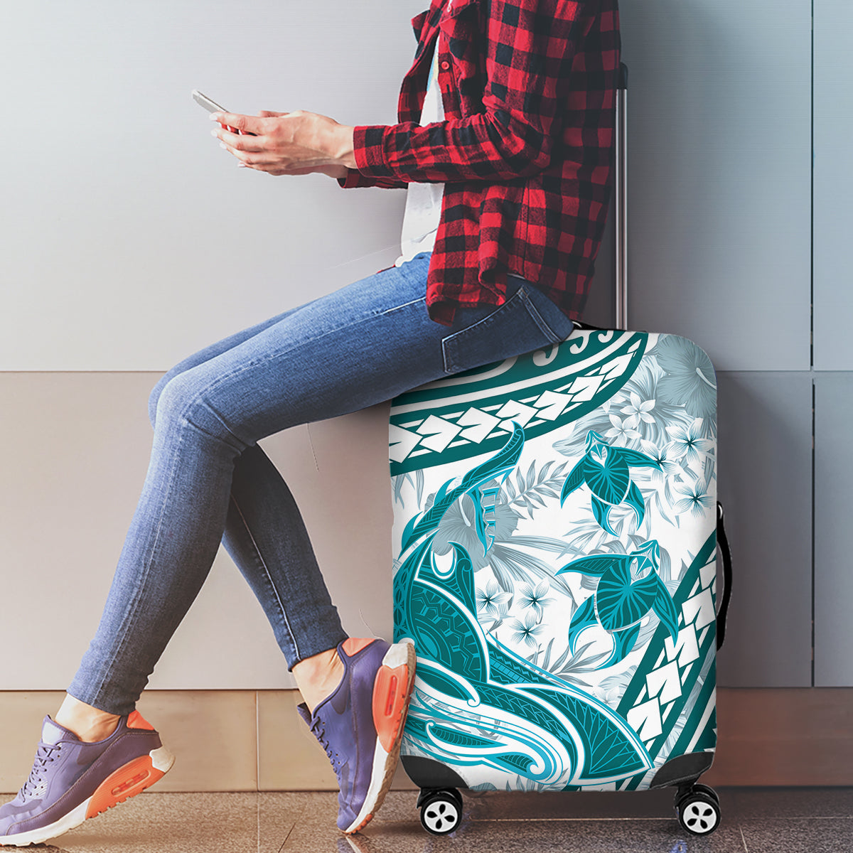 Cyan Polynesia Luggage Cover Polynesian Turtle Shark Tattoo Tropical Vintage
