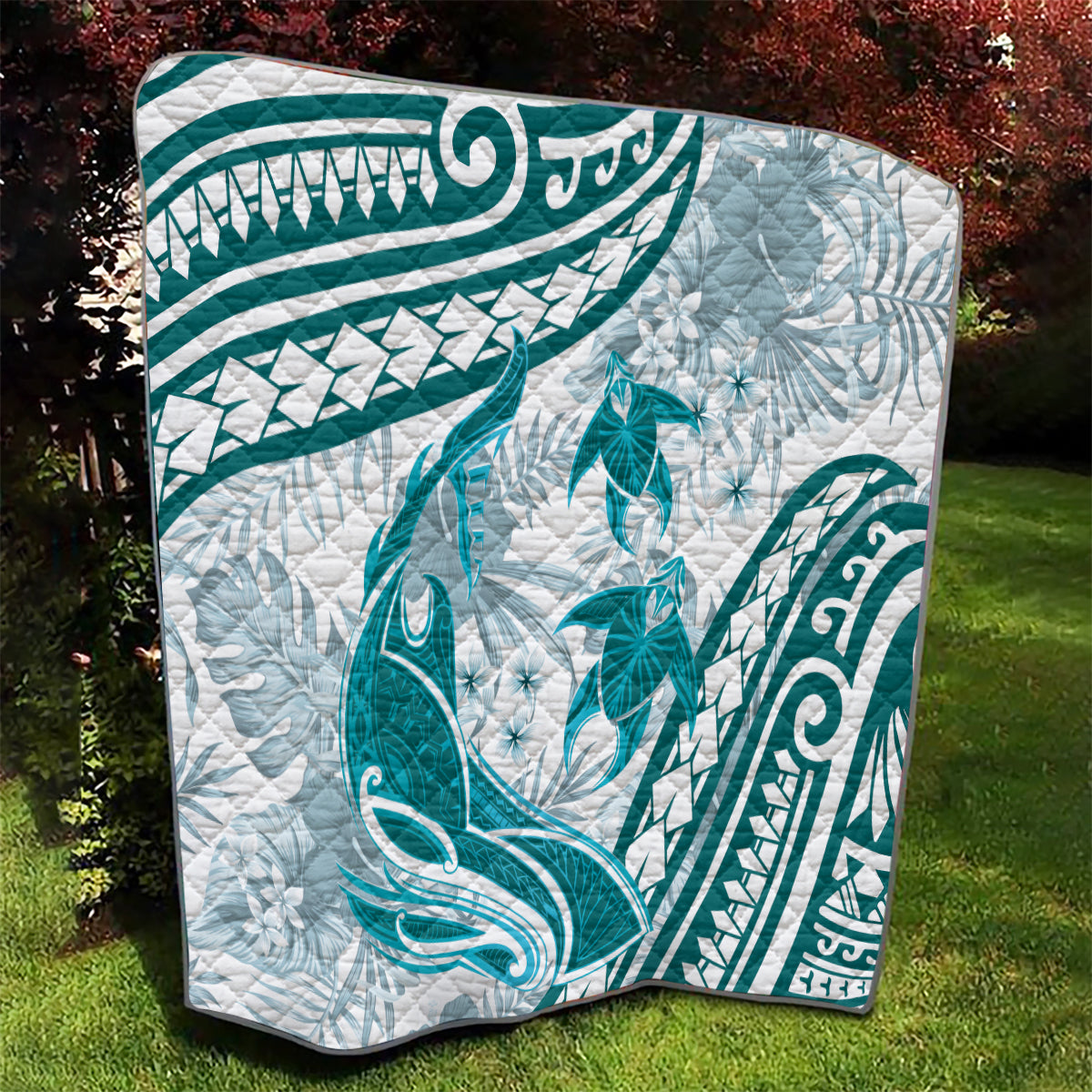 Cyan Polynesia Quilt Polynesian Turtle Shark Tattoo Tropical Vintage
