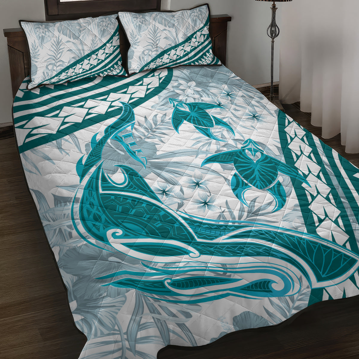 Cyan Polynesia Quilt Bed Set Polynesian Turtle Shark Tattoo Tropical Vintage LT14 Cyan - Polynesian Pride