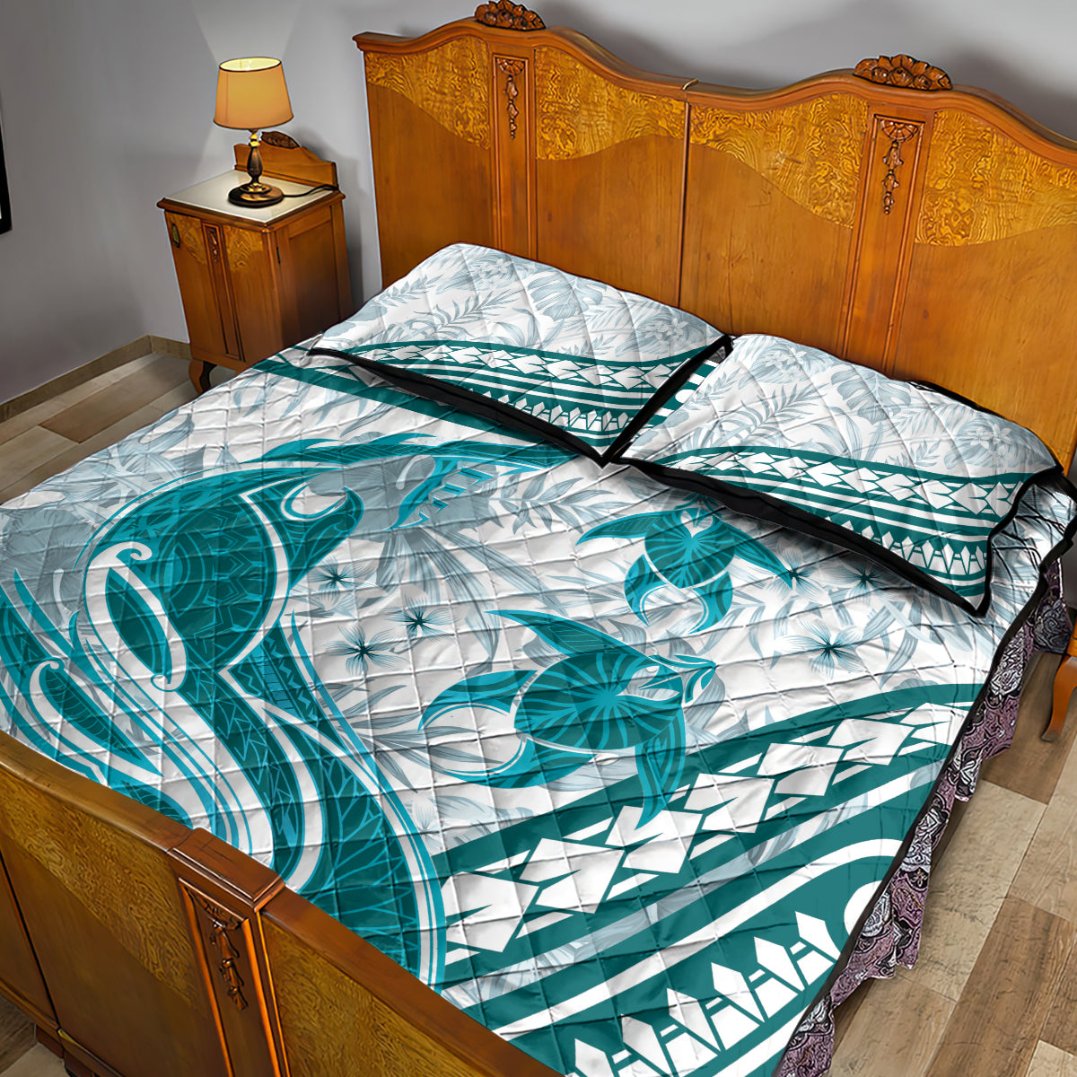 Cyan Polynesia Quilt Bed Set Polynesian Turtle Shark Tattoo Tropical Vintage LT14 - Polynesian Pride