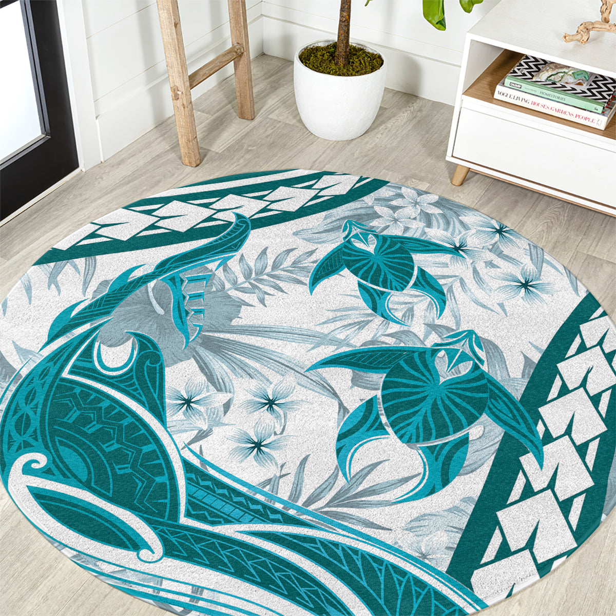 Cyan Polynesia Round Carpet Polynesian Turtle Shark Tattoo Tropical Vintage