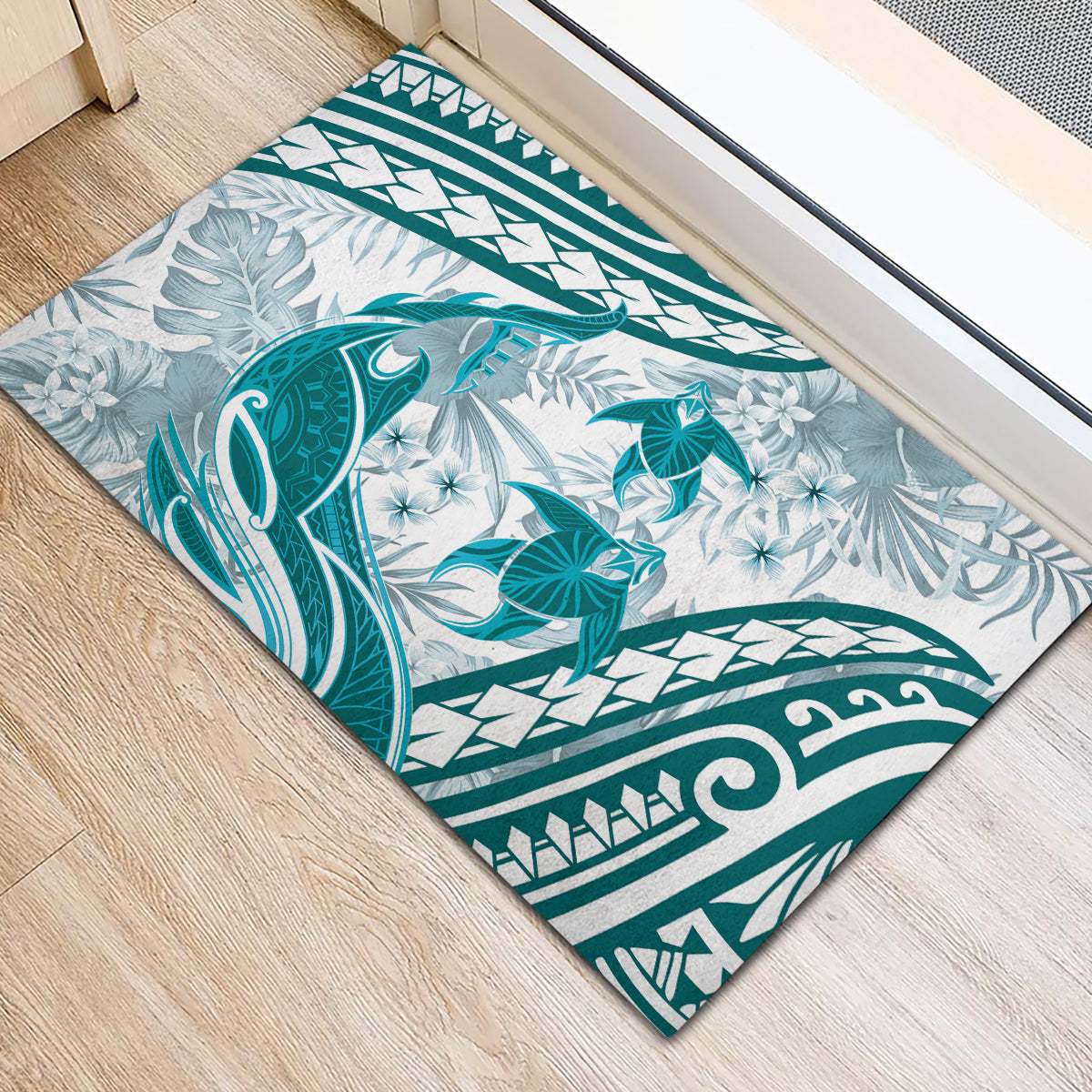 Cyan Polynesia Rubber Doormat Polynesian Turtle Shark Tattoo Tropical Vintage
