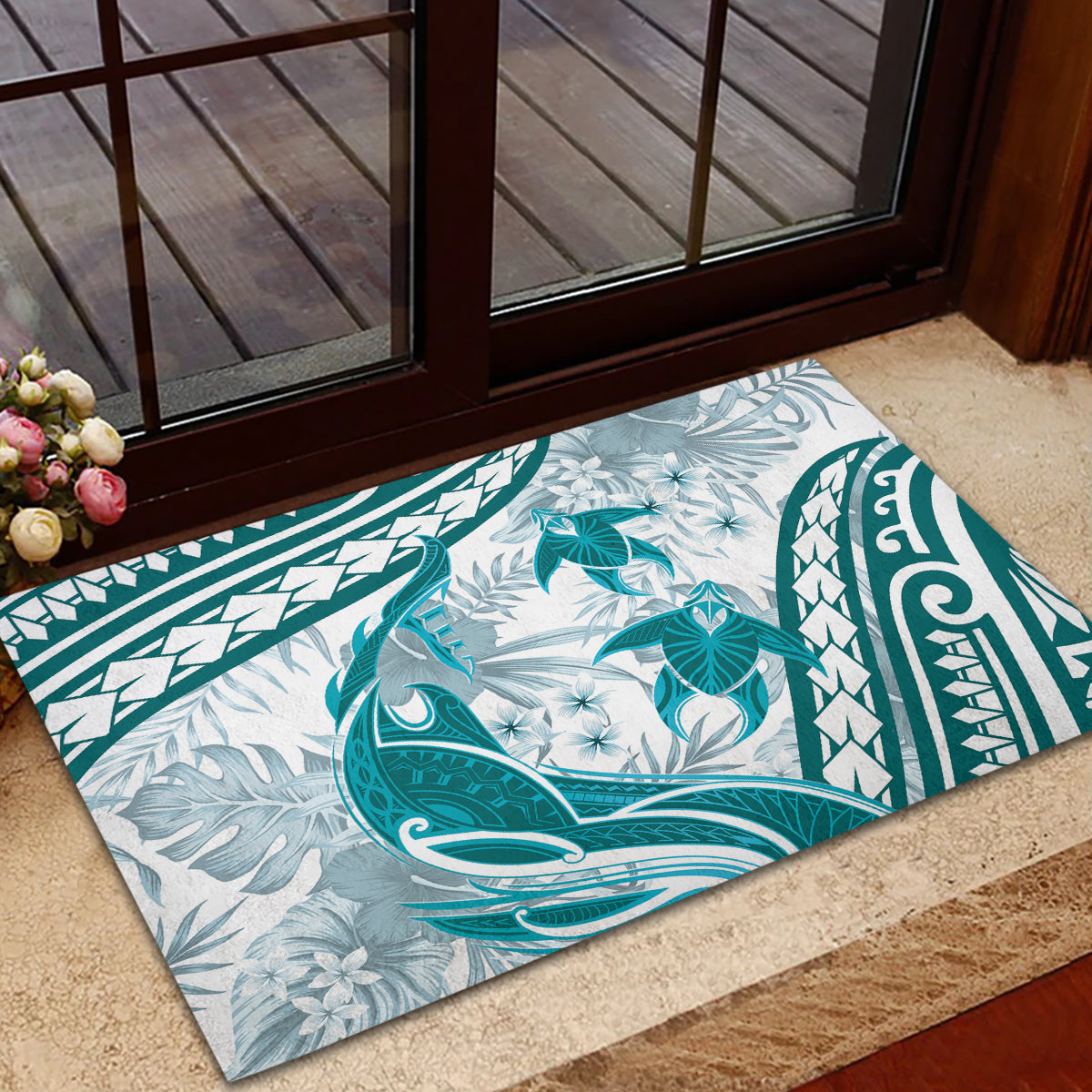 Cyan Polynesia Rubber Doormat Polynesian Turtle Shark Tattoo Tropical Vintage
