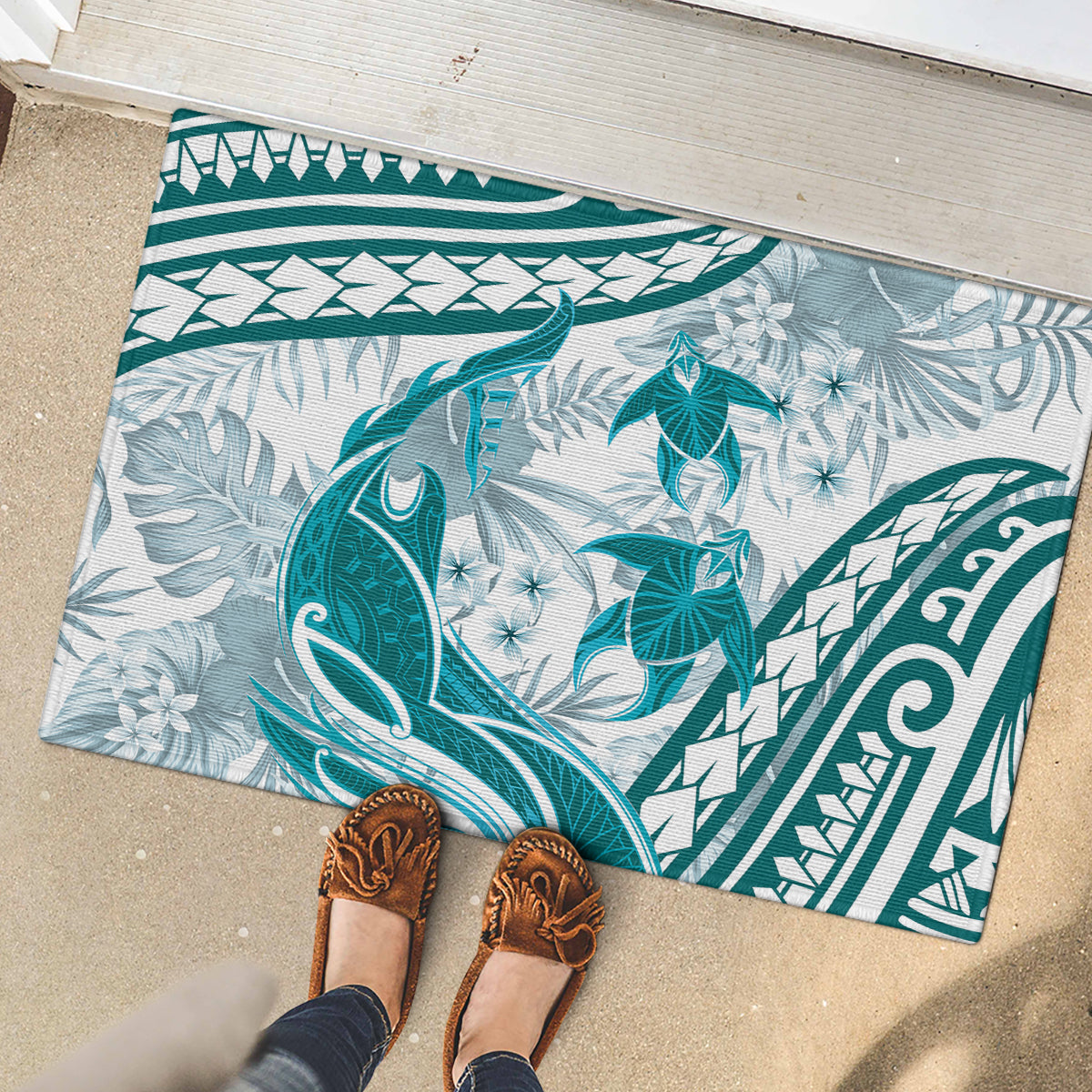 Cyan Polynesia Rubber Doormat Polynesian Turtle Shark Tattoo Tropical Vintage