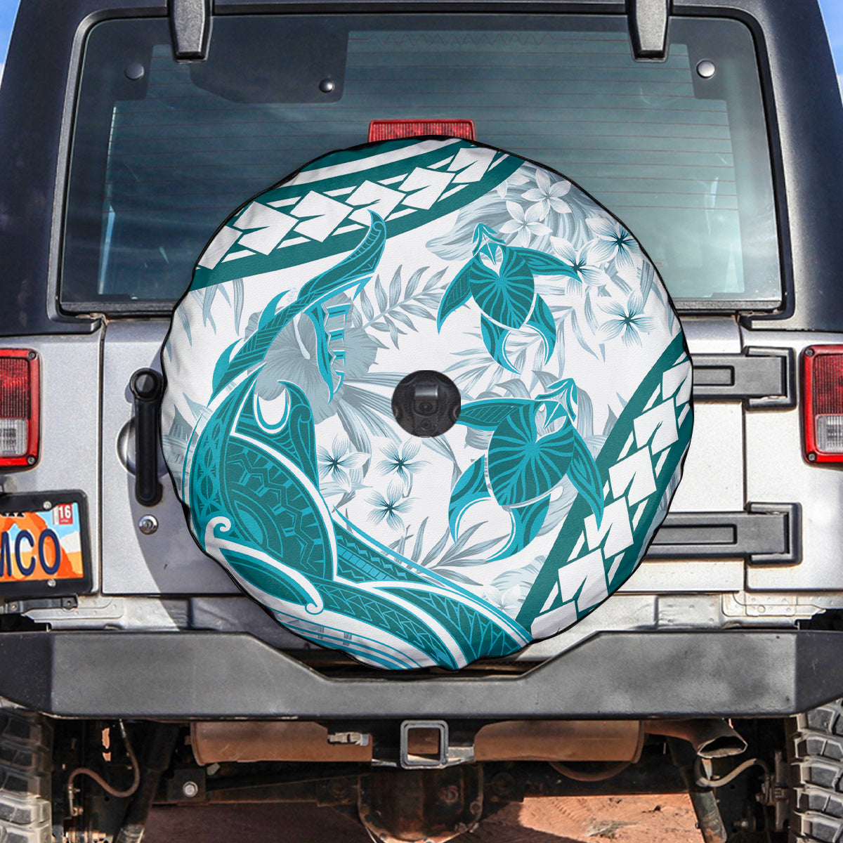 Cyan Polynesia Spare Tire Cover Polynesian Turtle Shark Tattoo Tropical Vintage