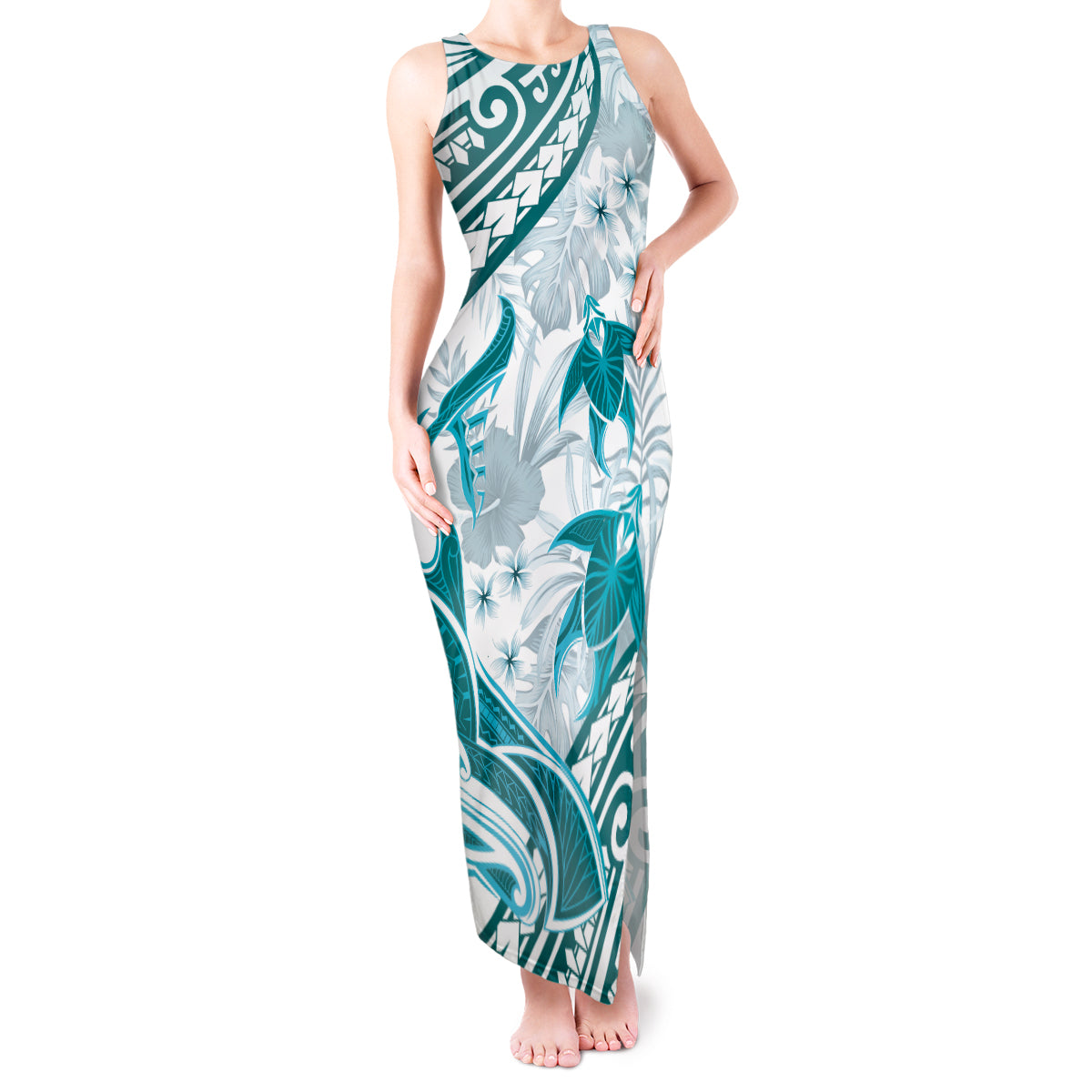 Cyan Polynesia Tank Maxi Dress Polynesian Turtle Shark Tattoo Tropical Vintage LT14 Women Cyan - Polynesian Pride