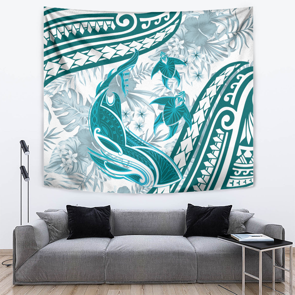 Cyan Polynesia Tapestry Polynesian Turtle Shark Tattoo Tropical Vintage LT14 Cyan - Polynesian Pride