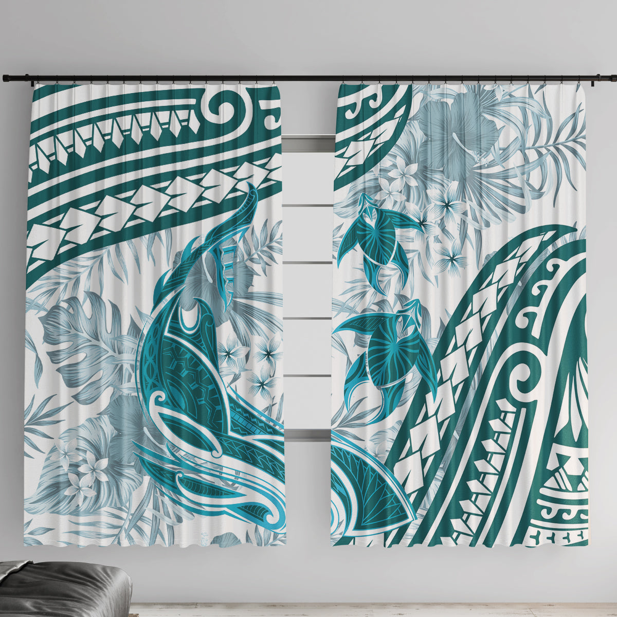 Cyan Polynesia Window Curtain Polynesian Turtle Shark Tattoo Tropical Vintage