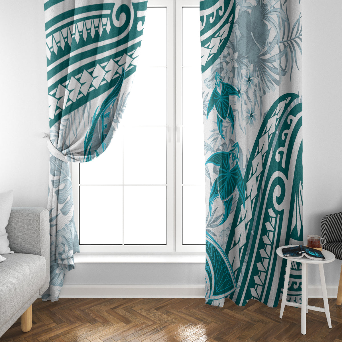 Cyan Polynesia Window Curtain Polynesian Turtle Shark Tattoo Tropical Vintage LT14 - Polynesian Pride